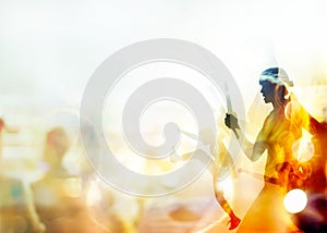 Double exposure, woman fighting martial arts, boxing and fight with nunchaku on people in stadium background, soft focus and blur photo