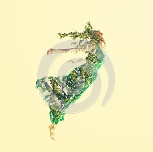 Double exposure of woman flying with leaves photo