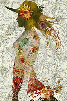 Double exposure of woman with hat and colorful flowers