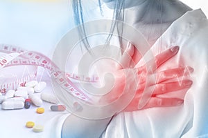 Double exposure of woman having heart attack because of over dose diet pill photo