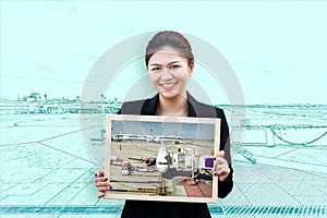 Double exposure of woman holding board with aircraft in runway