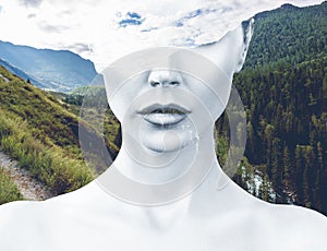 Double exposure of woman and nature landscape