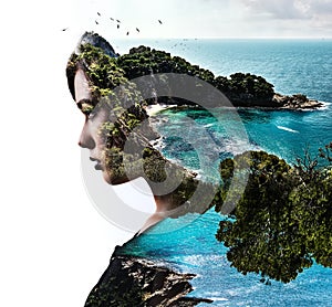 Double exposure. Woman and nature