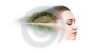 Double exposure of woman and resort pier