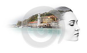 Double exposure of woman and resort pier