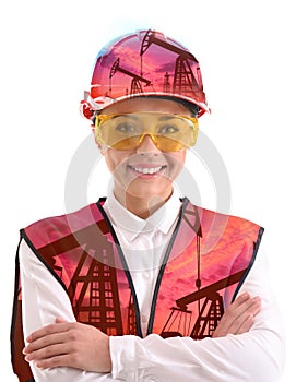 Double exposure of woman wearing uniform and crude oil pumps on white