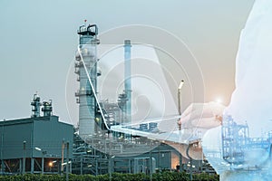 Double exposure workers with note book in hand on Oil refinery plant