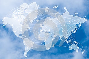 Double exposure of world map and global network or wireless communication network above sweet pastel colored cloud and sky, soft