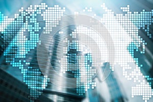 Double exposure world map on skyscraper background. Communication and global business concept