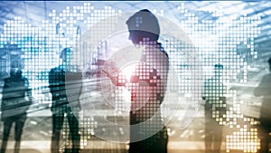 Double exposure world map on skyscraper background. Communication and global business concept.