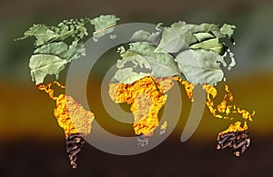 Double exposure of world map and spices on blurred background. Logistic and wholesale concept