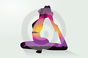 Double exposure of Yoga postures and sea
