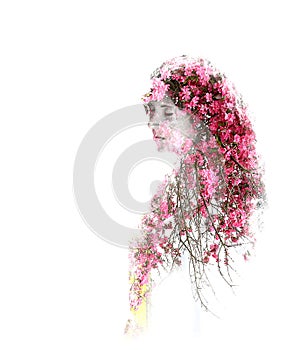 Double exposure of young beautiful girl isolated on white background. Portrait of a woman, mysterious look, sad eyes, creative.