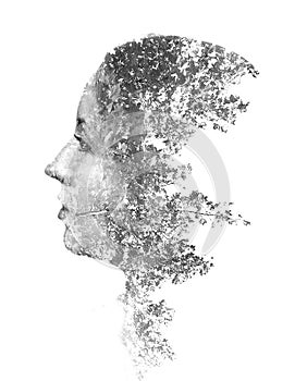 Double exposure of young beautiful girl among the leaves and trees. Black and white silhouette Isolated on white.