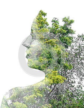 Double exposure of young beautiful girl among the leaves and trees. Silhouette Isolated on white.