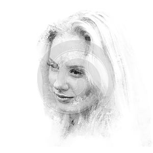 Double exposure of a young beautiful girl. Painted portrait of a female face.Black and white picture isolated on white background.