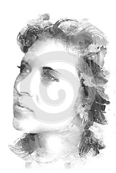 Double exposure of a young beautiful girl. Painted portrait of a female face. Black and white picture isolated on white background