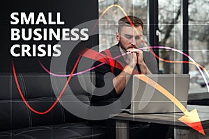 Double exposure of man working with laptop in his salon and falling down finansial chart. Small business crisis during covid