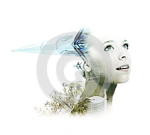Double exposure of young woman with swan and church