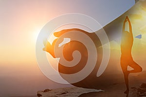 Double exposure of young women meditate while doing yoga meditation