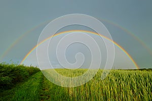 Double full rainbow over country road.