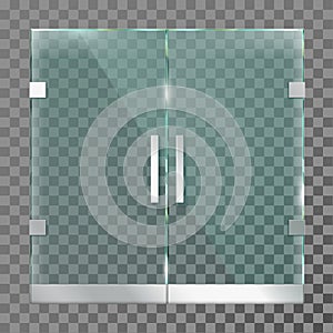 Double glass door. Mall store entrance doors in steel metal frame for modern office or shop isolated vector template