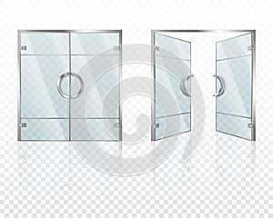 Double glass doors with metal frame and handles. Realistic mockup of open and closed doors