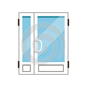 Double glass paned plasstic front doors, closed elegant white door vector illustration