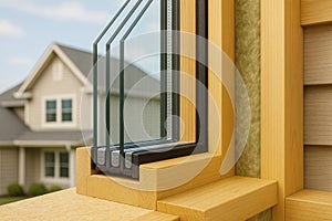 Double glazed window section close-up with house in background
