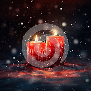 Double Glow: Red Candles Illuminate the Serenity of Falling Snow