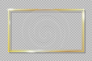 Double golden frame on transparent background with shadow. Gold rectangle dual border with glow shine and light effect. Vector