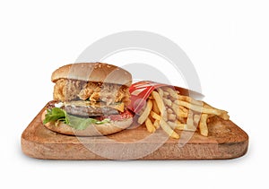 Double hamburger with fried chicken and beef burgers isolated