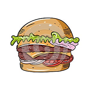 Double Hamburger. Hand drawn colorful vector illustration in cartoon style. Isolated on white background.