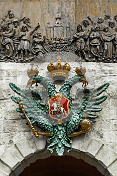 The double-headed eagle coat of arms on the Peter`s Gate. Peter Paul Fortress. St. Petersburg. Russia.