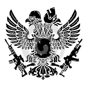 Double-headed eagle in helmet and with machine guns.
