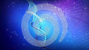 Double helix DNA strands on blue background, 3D render.