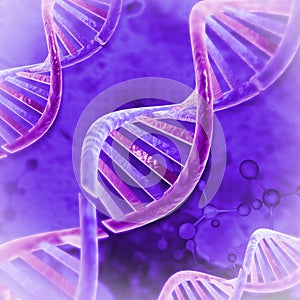 Double helix DNA strands on scientific background