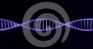Double helix. Spiral DNA structure in blue. Side view. Abstract background. Medical research concept