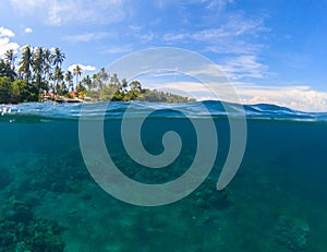 Double landscape. Blue sea and sky. Seascape split photo. Double seaview.