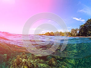 Double landscape with sea and sky. Sea panorama split photo. Tropical island lagoon.