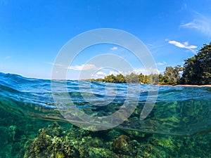 Double landscape with sea and sky. Sea panorama split photo. Undersea view with tropical island seashore.