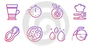 Double latte, Cooking timer and Medical food icons set. Walnut, Peanut and Food signs. Vector