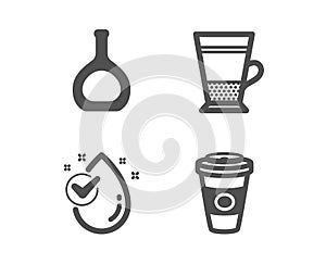 Double latte, Water drop and Cognac bottle icons. Takeaway coffee sign. Tea cup, Clean aqua, Brandy alcohol. Vector