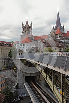 Double-level bridge and city. Lausanne, Switzerland