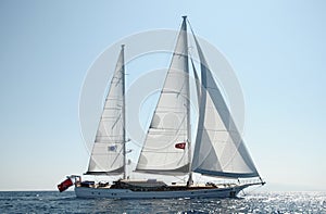 Double masted classical, sailing, luxury sailing yacht sailing in Aegean Sea.