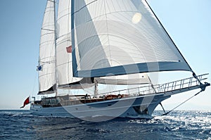 Double masted classical, sailing, luxury sailing yacht sailing in Aegean Sea.