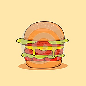 double meat with melting cheese burger illustration vector, food cartoon illustration of extra big burger for burger day campaign