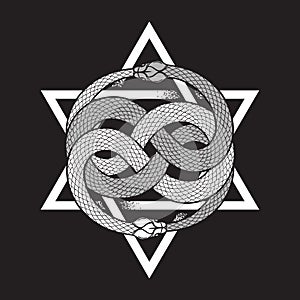 Double ouroboros or uroboros serpent snakes consuming in front of the six-pointed hexagram star . Tattoo, poster or print design