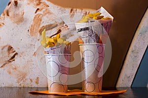 Double pack of Fresh Fresh French fries, deep fried Homemade Baked potato chips. Typical dutch fried food