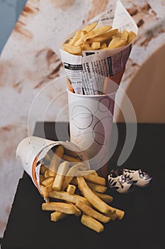 Double pack of Fresh Fresh French fries, deep fried Homemade Baked potato chips. Typical dutch fried food